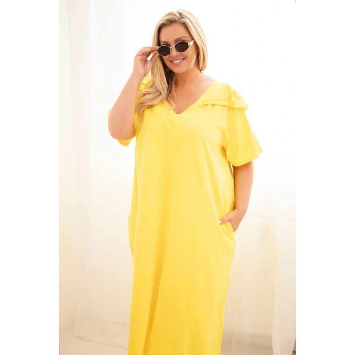 PAVADINIMAS: Moteriška Plus Size medvilninė suknelė su raukiniais ties pečiais, geltona APRAŠYMAS: Geltona Plus Size suknelė su