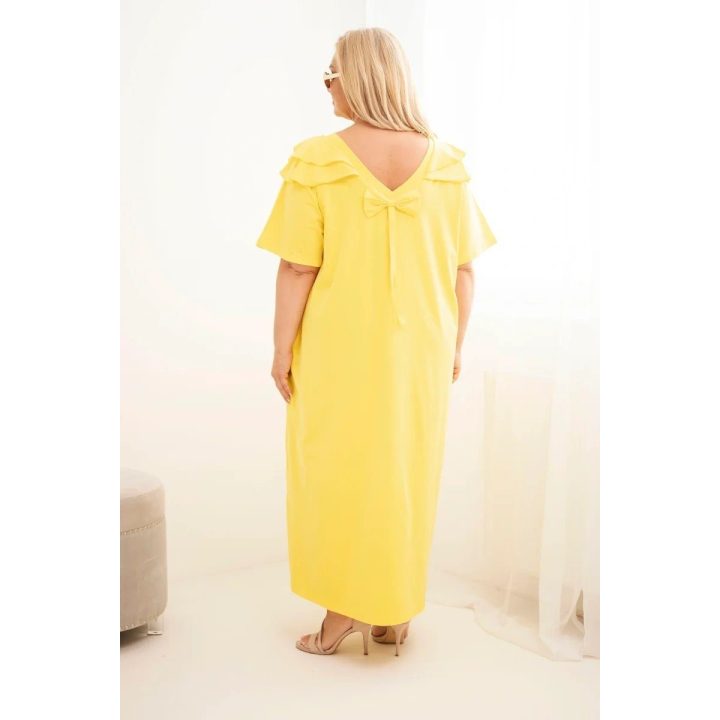 PAVADINIMAS: Moteriška Plus Size medvilninė suknelė su raukiniais ties pečiais, geltona APRAŠYMAS: Geltona Plus Size suknelė su