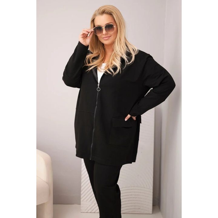 Juodas moteriškas Plus Size laisvalaikio komplektas su džemperiu ir kelnėmis