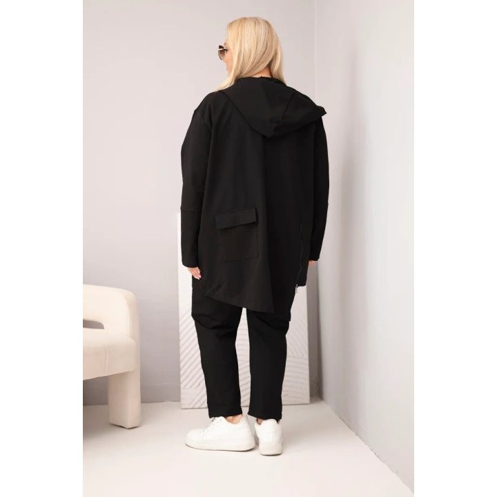 Juodas moteriškas Plus Size laisvalaikio komplektas su džemperiu ir kelnėmis