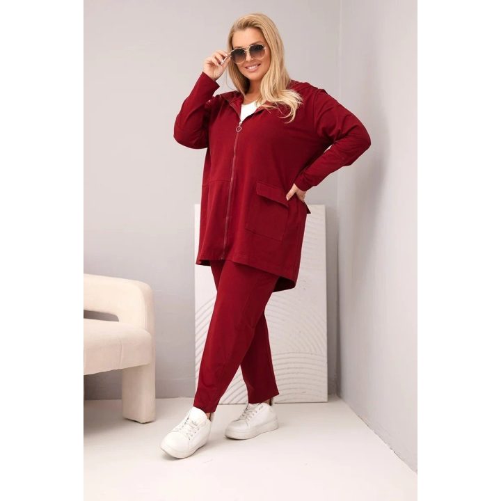 Moteriškas Plus Size laisvalaikio komplektas su džemperiu ir kelnėmis, burgundiškas