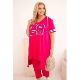Moteriškas Plus Size medvilninis komplektas su gobtuvu ir kelnėmis, fuksijos spalvos