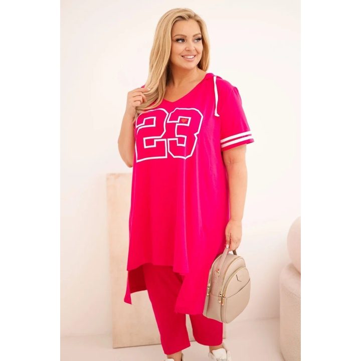 Moteriškas Plus Size medvilninis komplektas su gobtuvu ir kelnėmis, fuksijos spalvos