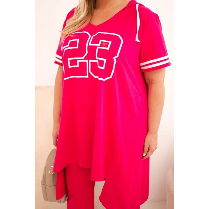 Moteriškas Plus Size medvilninis komplektas su gobtuvu ir kelnėmis, fuksijos spalvos