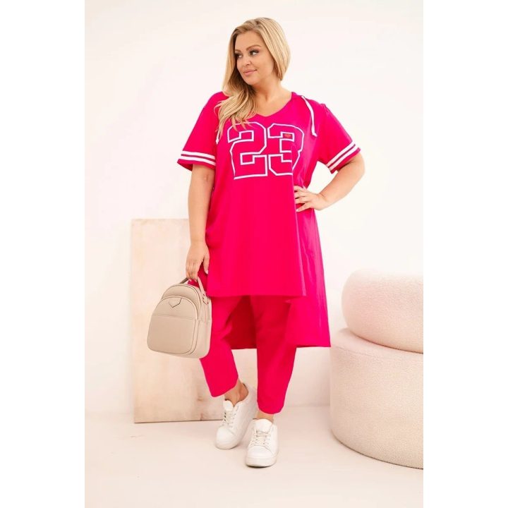 Moteriškas Plus Size medvilninis komplektas su gobtuvu ir kelnėmis, fuksijos spalvos