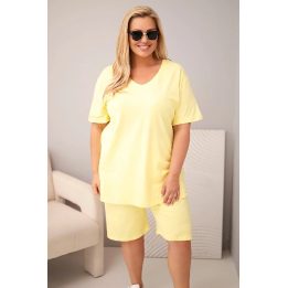 Moteriškas Plus Size medvilninis komplektas su palaidine ir šortais, geltonas