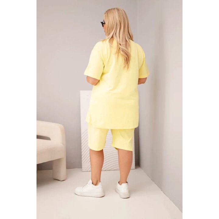 Moteriškas Plus Size medvilninis komplektas su palaidine ir šortais, geltonas
