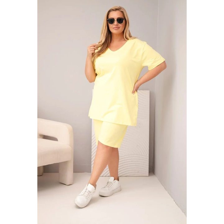 Moteriškas Plus Size medvilninis komplektas su palaidine ir šortais, geltonas