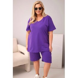 Moteriškas Plus Size medvilninis komplektas su palaidine ir šortais, violetinis