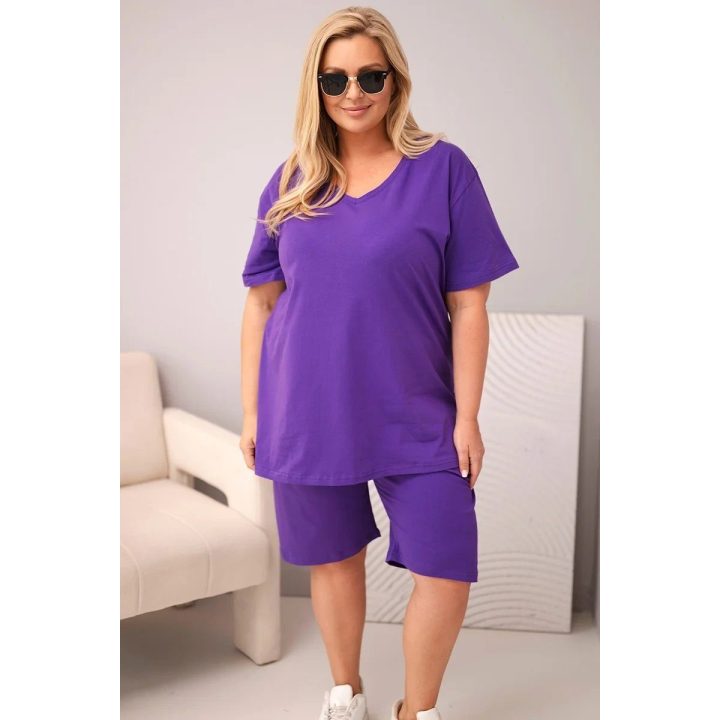 Moteriškas Plus Size medvilninis komplektas su palaidine ir šortais, violetinis