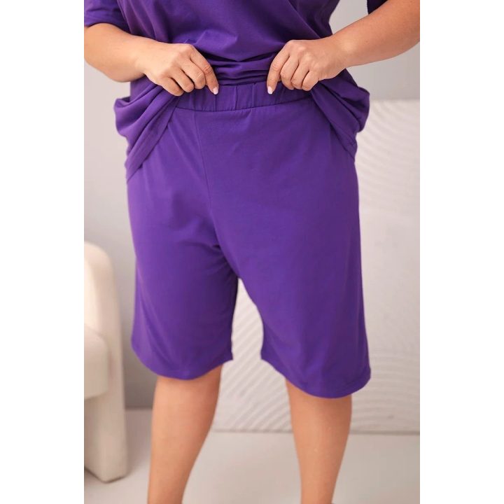 Moteriškas Plus Size medvilninis komplektas su palaidine ir šortais, violetinis