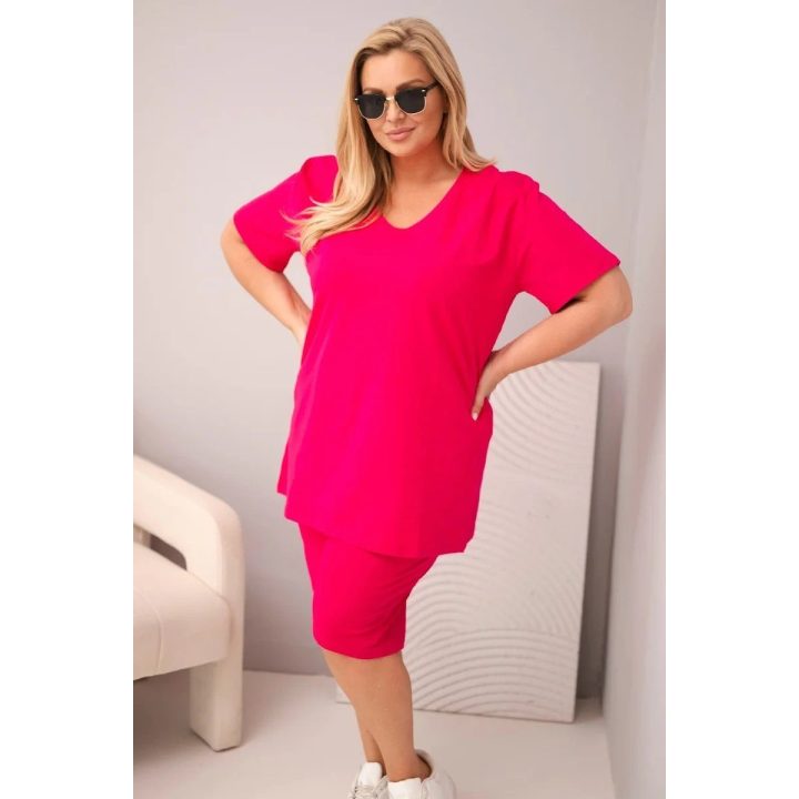 Moteriškas Plus Size medvilninis komplektas su palaidine ir šortais, fuksijos spalvos