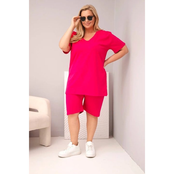 Moteriškas Plus Size medvilninis komplektas su palaidine ir šortais, fuksijos spalvos