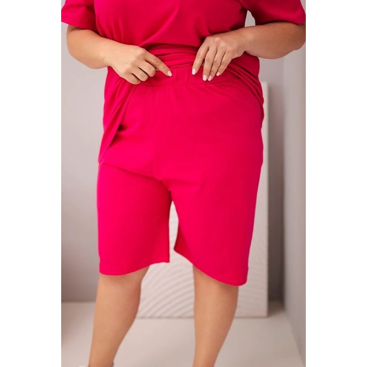 Moteriškas Plus Size medvilninis komplektas su palaidine ir šortais, fuksijos spalvos