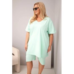 Moteriškas Plus Size medvilninis komplektas su palaidine ir šortais, mėtų spalvos