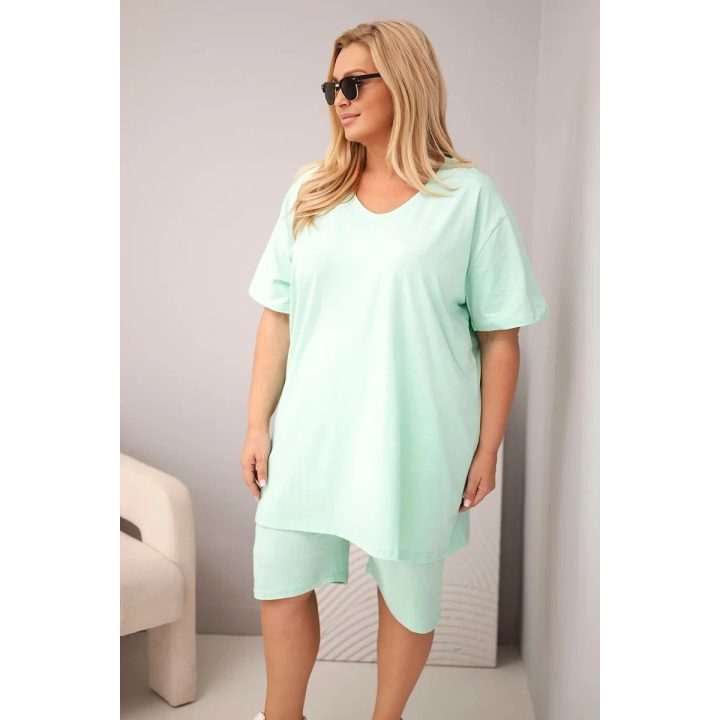 Moteriškas Plus Size medvilninis komplektas su palaidine ir šortais, mėtų spalvos