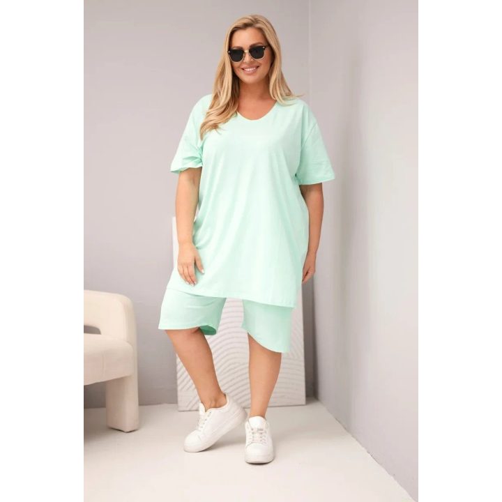 Moteriškas Plus Size medvilninis komplektas su palaidine ir šortais, mėtų spalvos