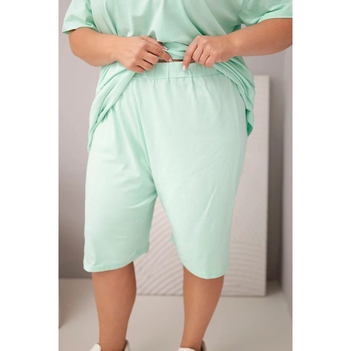 Moteriškas Plus Size medvilninis komplektas su palaidine ir šortais, mėtų spalvos