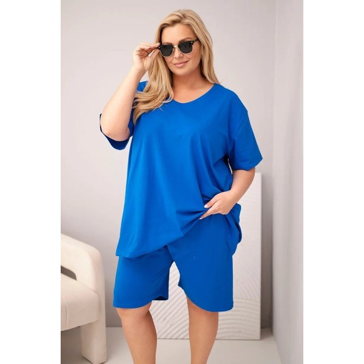 Moteriškas Plus Size medvilninis komplektas su palaidine ir šortais, rugiagėlių mėlynos spalvos