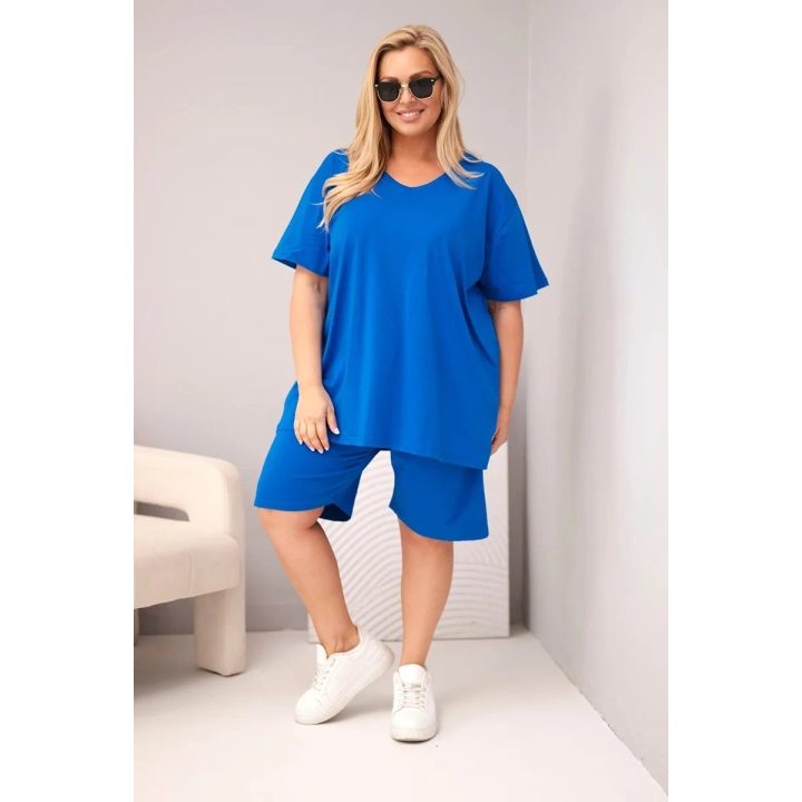 Moteriškas Plus Size medvilninis komplektas su palaidine ir šortais, rugiagėlių mėlynos spalvos
