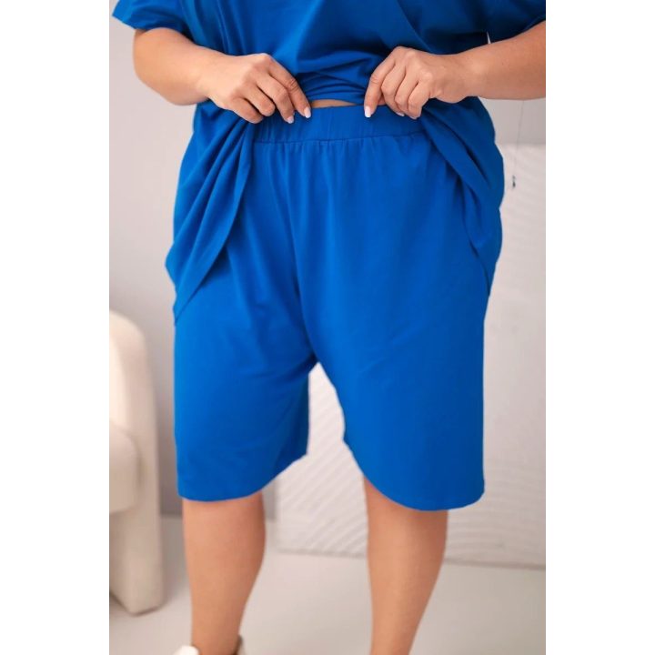 Moteriškas Plus Size medvilninis komplektas su palaidine ir šortais, rugiagėlių mėlynos spalvos