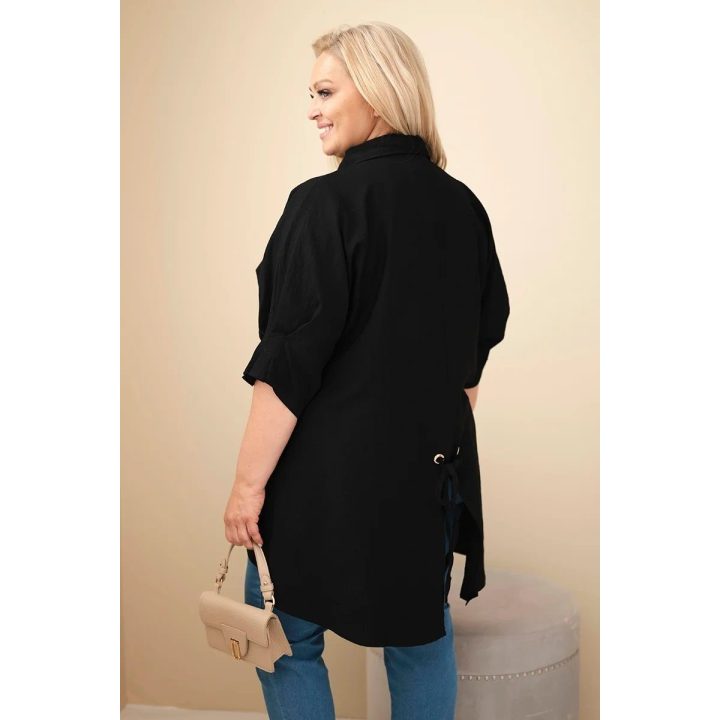 Moteriški Plus Size marškiniai iš medvilnės su sagomis ir apykakle, juodi