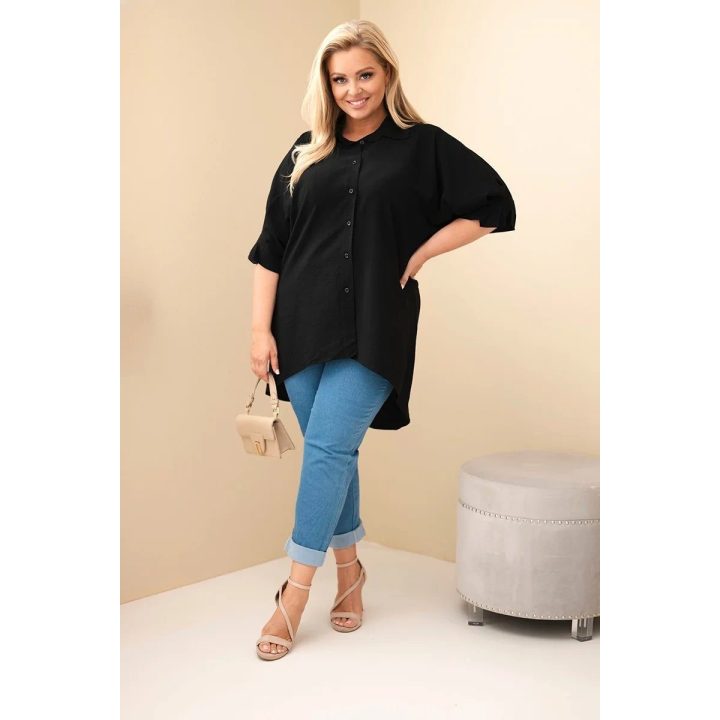 Moteriški Plus Size marškiniai iš medvilnės su sagomis ir apykakle, juodi