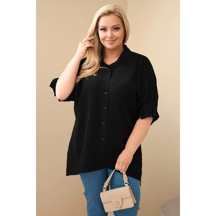 Moteriški Plus Size marškiniai iš medvilnės su sagomis ir apykakle, juodi