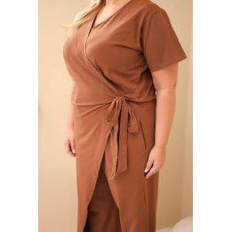 Moteriškas Plus Size kombinezonas su surišimu ties juosmeniu, smėlio ruda