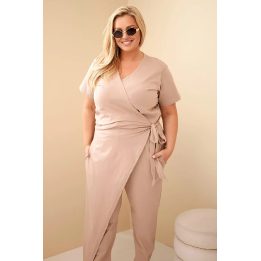 Moteriškas Plus Size kombinezonas su surišimu ties juosmeniu, fango spalvos