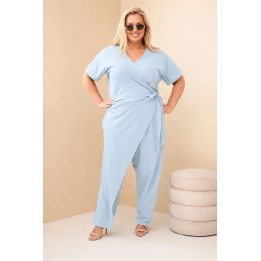 Moteriškas Plus Size medvilninis kombinezonas su surišimu ties juosmeniu, mėlynas