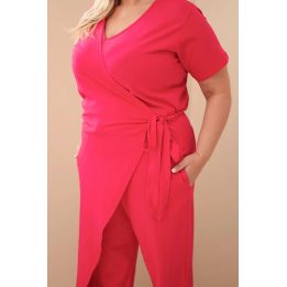 Moteriškas Plus Size kombinezonas su surišimu ties juosmeniu, fuksijos spalvos