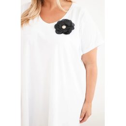 Moteriška Plus Size medvilninė suknelė su sage ir V formos iškirpte, balta