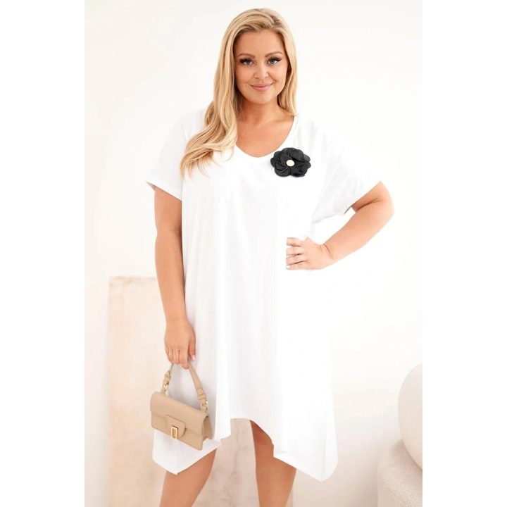 Moteriška Plus Size medvilninė suknelė su sage ir V formos iškirpte, balta