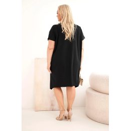 Moteriška Plus Size medvilninė suknelė su sage ir V formos iškirpte, juoda
