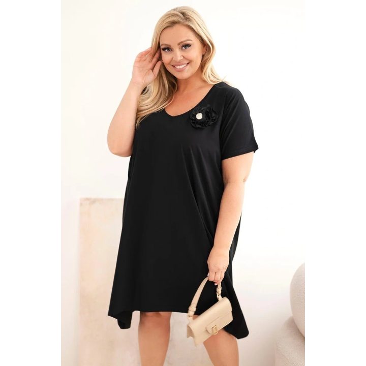Moteriška Plus Size medvilninė suknelė su sage ir V formos iškirpte, juoda