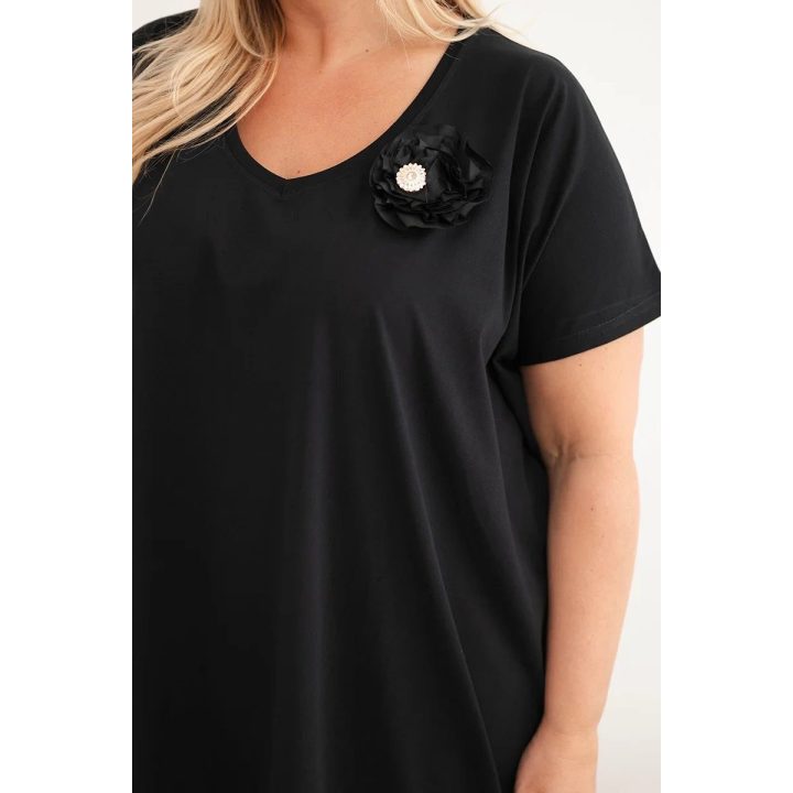 Moteriška Plus Size medvilninė suknelė su sage ir V formos iškirpte, juoda