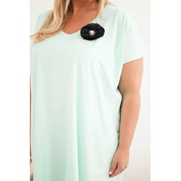 Moteriška Plus Size medvilninė suknelė su sage ir V formos iškirpte, mėtų spalvos