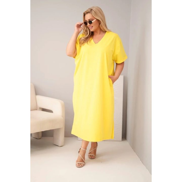 Moteriška Plus Size suknelė su V formos iškirpte, geltona