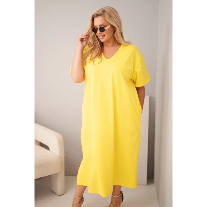 Moteriška Plus Size suknelė su V formos iškirpte, geltona