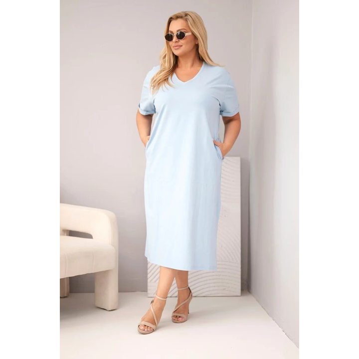 Moteriška Plus Size suknelė su V formos iškirpte, mėlyna