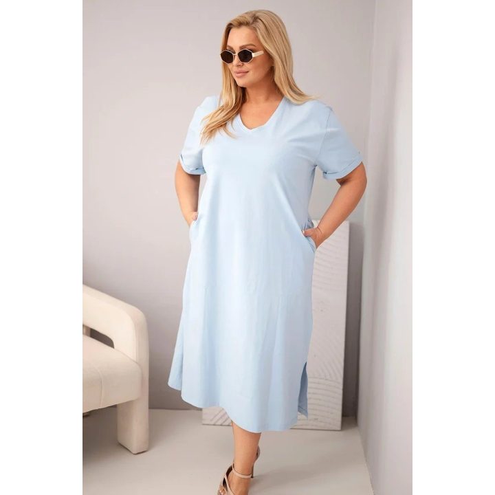 Moteriška Plus Size suknelė su V formos iškirpte, mėlyna