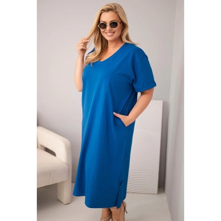 Moteriška Plus Size medvilninė suknelė su V formos iškirpte, rugiagėlių mėlyna