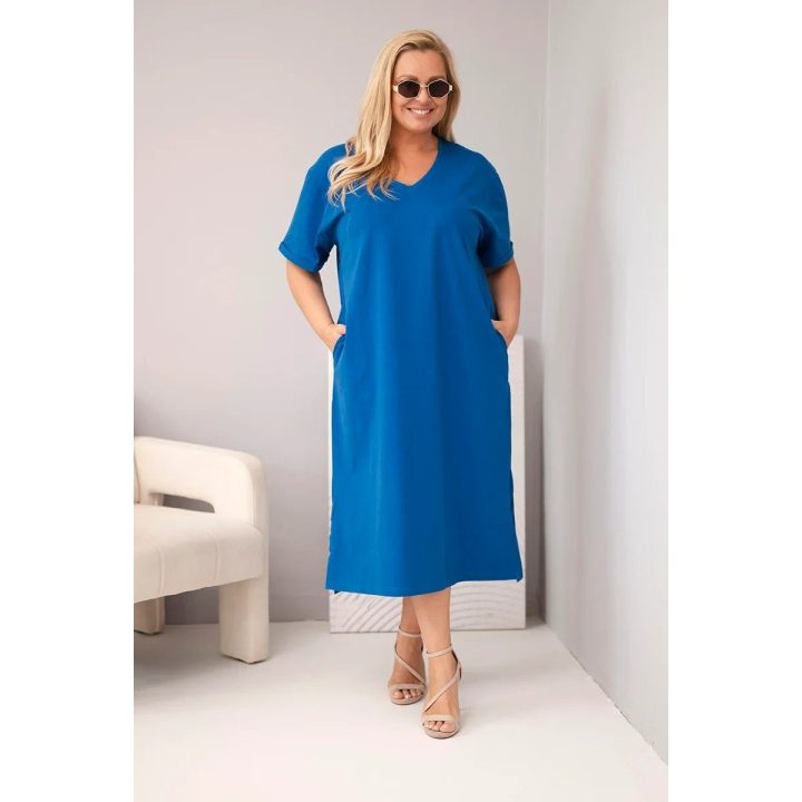Moteriška Plus Size medvilninė suknelė su V formos iškirpte, rugiagėlių mėlyna