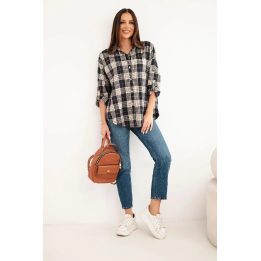 Moteriški oversize marškiniai su kišenėmis, juodi languoti