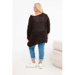 Rudas moteriškas oversize megztinis su V formos iškirpte ir ilgesne nugara