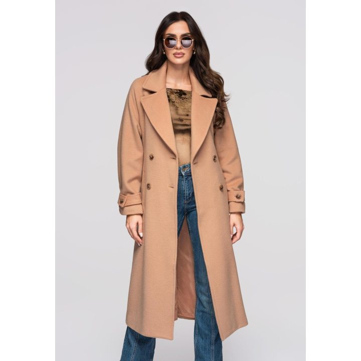 Moteriškas kupranugario spalvos ilgas paltas su diržu