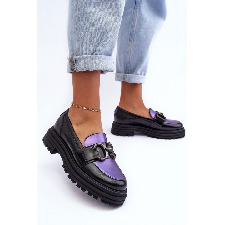 Moteriški odiniai moteriški bateliai ant plokščio kulno juodai violetinės spalvos
