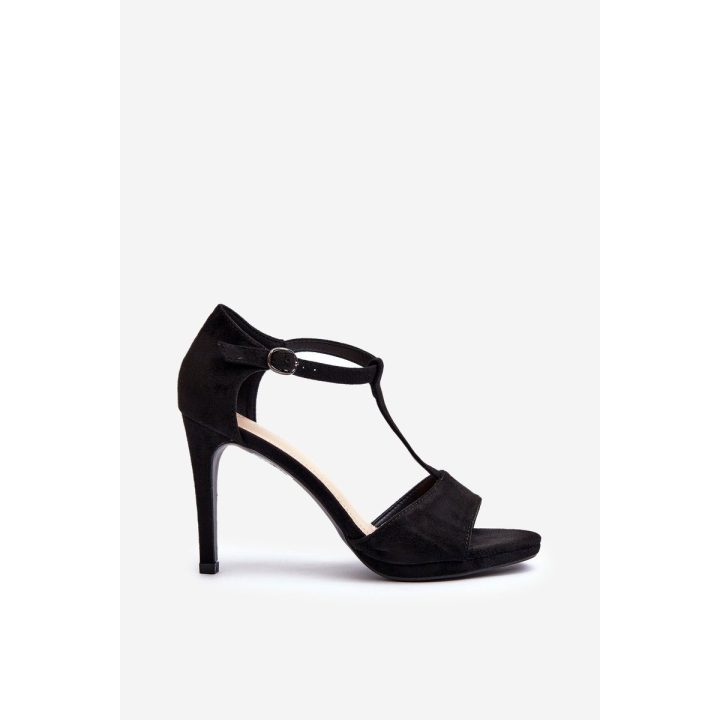 Moteriški juodi dirbtinės zomšos sandalai su aukštu kulnu Obdaria
