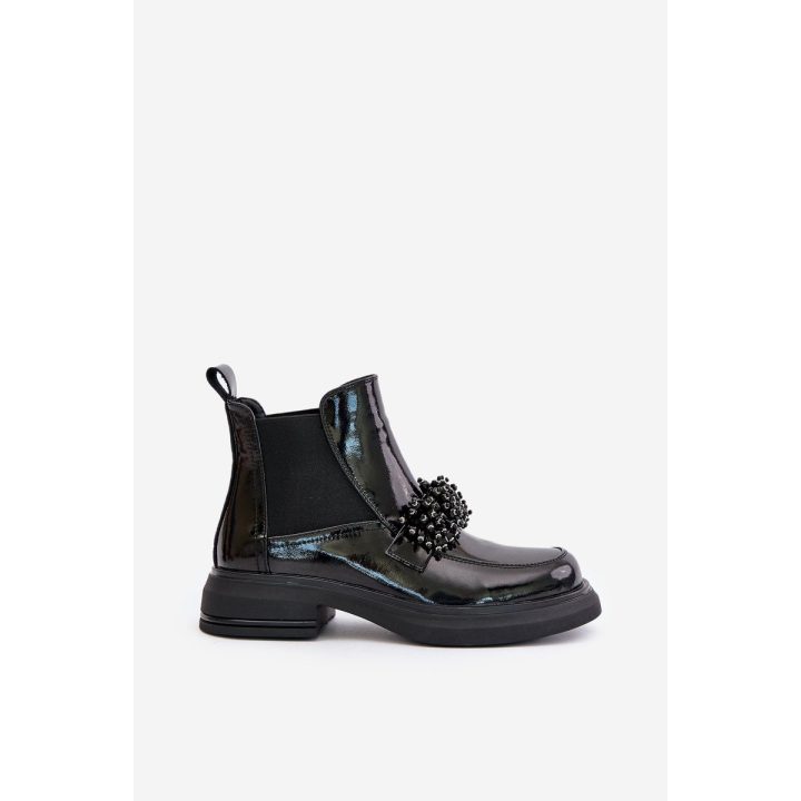 Odiniai lakuoti aulinukai iki kulkšnių su dekoru, juodos, šiltos, lengvai apsiaunamos Solimav“